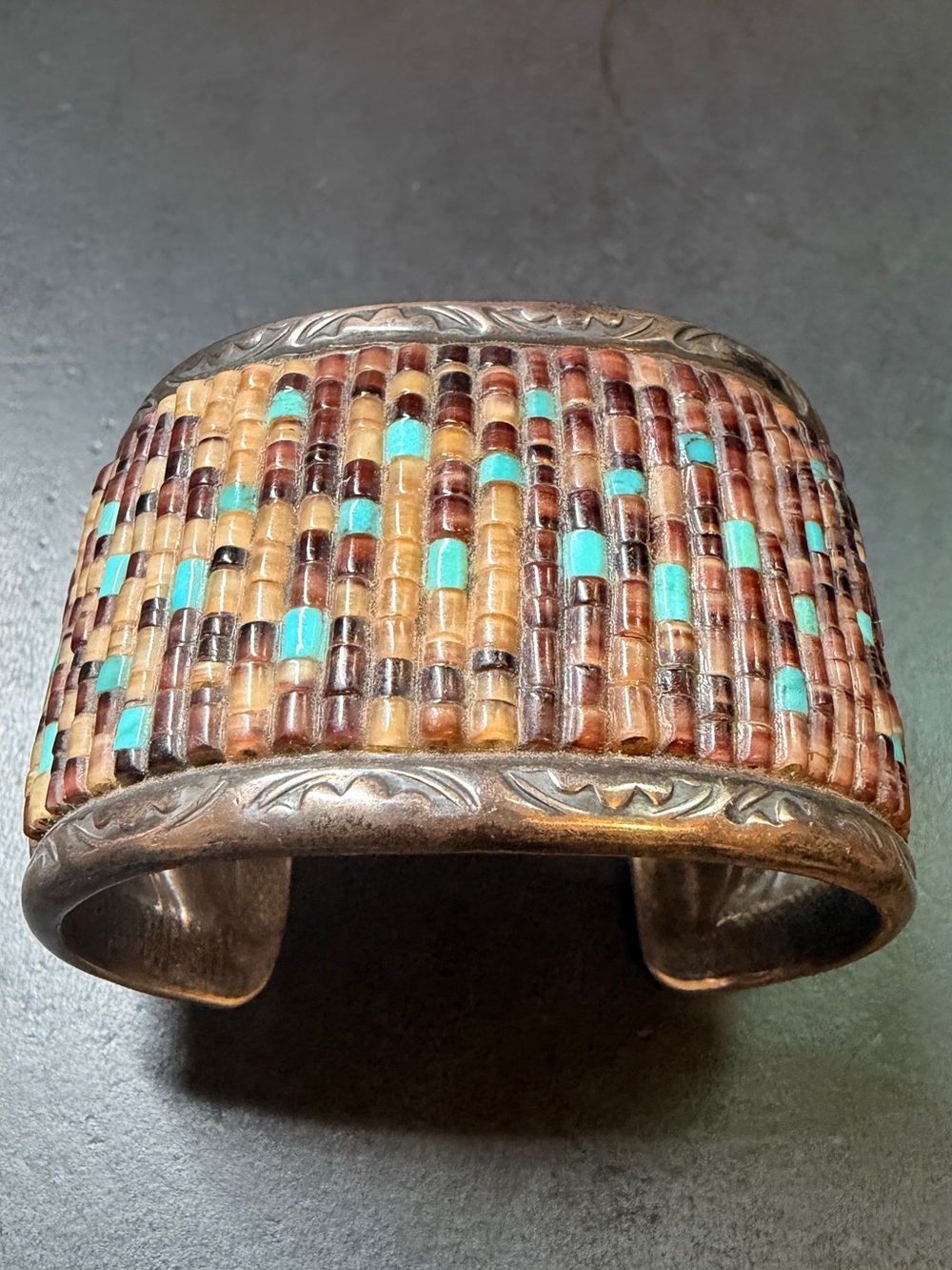 Native American Navajo Sterling Silver Penshell & Turquoise Heshi Cuff Bracelet - Picture 7 of 16